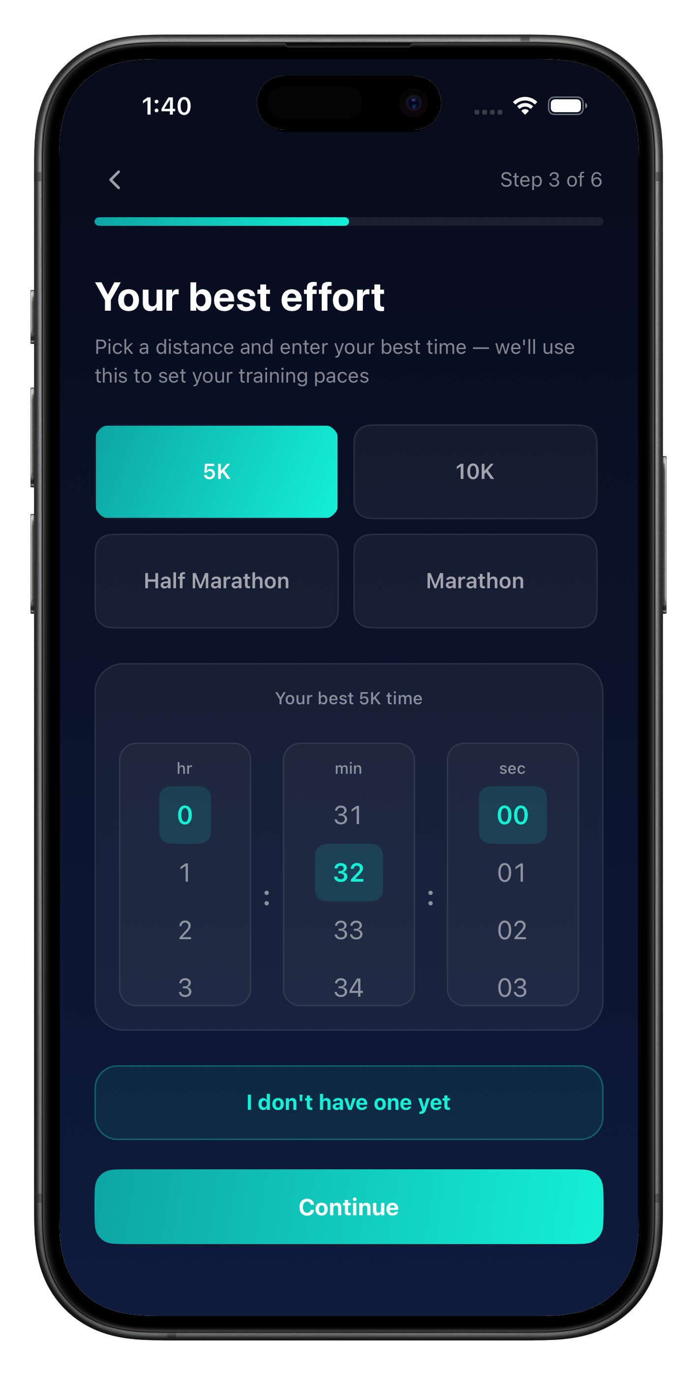 Runova onboarding screen for setting a realistic weekly training target